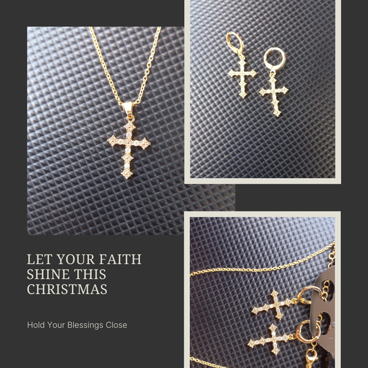 Elegant Cross Pendant Necklace with Matching Earrings - Perfect Christmas Gift-قلادة متقاطعة أنيقة مع أقراط متطابقة - هدية مثالية لعيد الميلاد