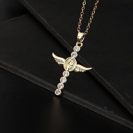 Gold-Plated Cross Pendant Necklace with Angel Wings – Perfect Christmas Gift for Loved Ones