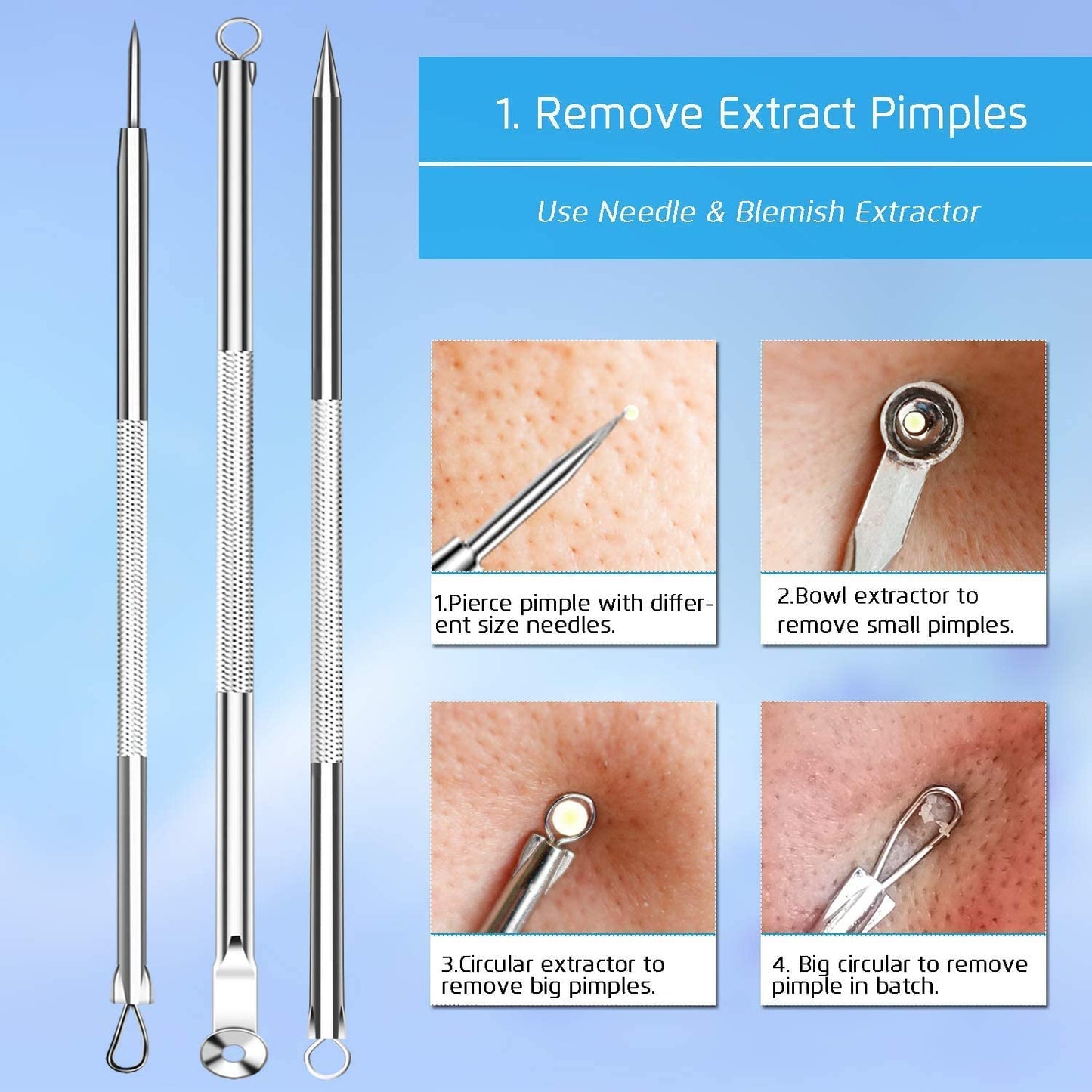 4pcs Acne Blackhead Remover Set - Pimple & Blemish Care Tool for Women مجموعة إزالة الرؤوس السوداء لحب الشباب مكونة من 4 قطع - أداة للعناية بالبثور والعيوب للنساء